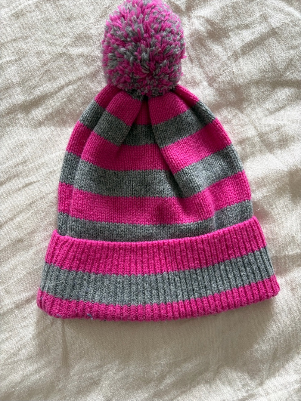 GAP Pink & Gray Striped Pom Beanie